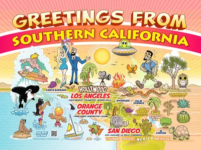Postcard Design - Greetings from Southern California beach branding cali california cart cartoon cartoon map graphic design illustration kids los angeles orange county san diego socal southern california souvenir