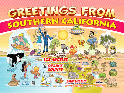 Postcard Design - Greetings from Southern California beach branding cali california cart cartoon cartoon map graphic design illustration kids los angeles orange county san diego socal southern california souvenir