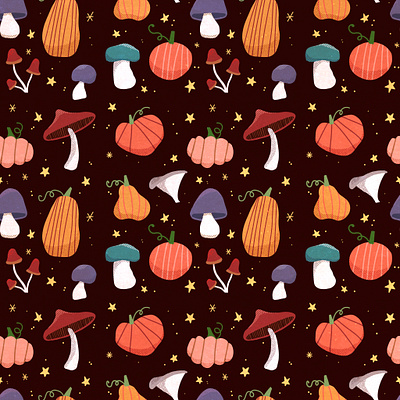 Autumn harvest gourds illustration mushrooms pattern pumpkins surface pattern design