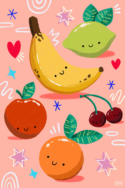 Fruity bois fruit illustration kawaii print surface pattern design