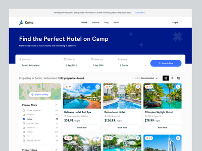 Camp - Hotel Booking Website booking clean design full website hotel booking hotel booking inner page hotel booking website hotels inner page minimal design platform design tourism agency trending ui ui design uiux vacation webdesign