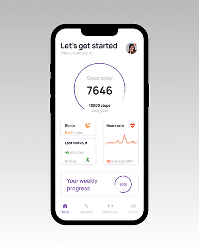 Home Screen of fitness tracking app