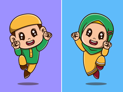 Cute Ramadan Mascot boy branding cartoon character cute design flat design girl happy illustration illustration art islamic kids logo mascot moeslim motion graphics mubarak ramadan religion