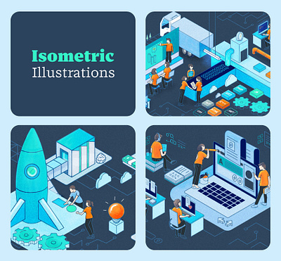 Tech isometric illustrations blog branding business illustration company profile delivery illustration isometric production services software development tech vector illustration
