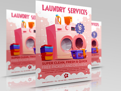 Laundry Services Flyer Template clean cleaning clothes dirty dry pink poster wash washer washing machine water