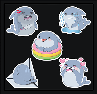 Sticker pack with cute sharks 2d cute drawing illustration shark sticker pack телеграм