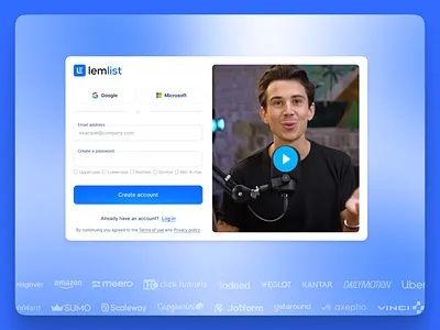 Sign up screen of lemlist activation authentification client logos cold email google lemlist lempire login microsoft oauth outreach product design sales sign in with google sign in with microsoft sign up social proof testimonial video ui ux