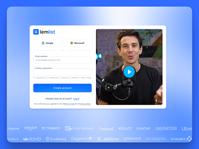 Sign up screen of lemlist activation authentification client logos cold email google lemlist lempire login microsoft oauth outreach product design sales sign in with google sign in with microsoft sign up social proof testimonial video ui ux