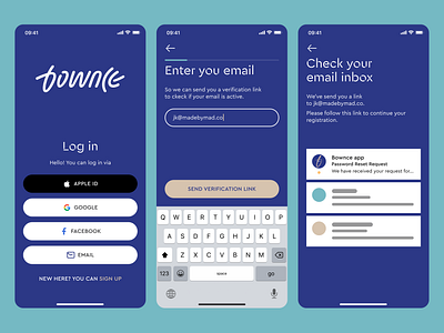 Log in Screens for Bownce Sports Tech Startup madebymad