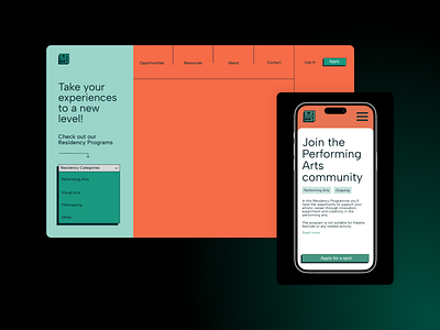 Artists Residency Platform app artist branding design desktop app graphic design green mobile mockup orange product residency ui ux