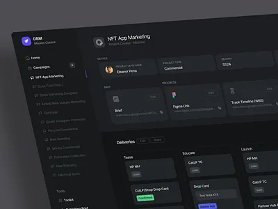 Marketing Project Management SaaS Dark UI analytic app ui crm dark dark theme dashboard delveries design marketing project saas