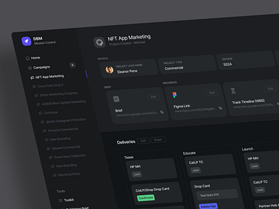 Marketing Project Management SaaS Dark UI analytic app ui crm dark dark theme dashboard delveries design marketing project saas