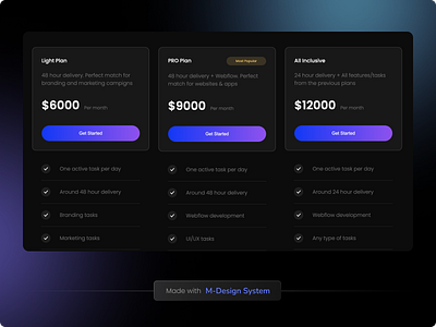 Pricing Section | M-Design System app component cards check out checkout clean dark design system minimal plans price pricing pricing component pricing page pricing plans pricing table saas ui ui kit ux web design