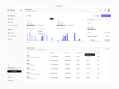 Clearwise: Finance Dashboard bar graph dashboard design expense finance graph inflow invoice side navigation transaction history ui ux wallet