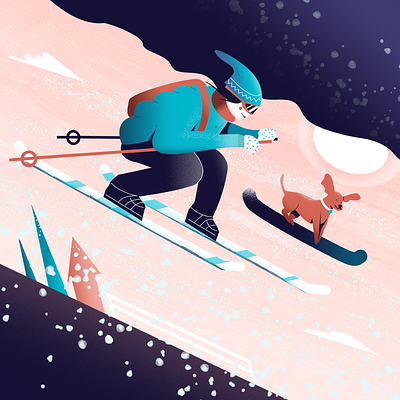 Skiing Adventure adobe illustrator adobe photoshop character design grain texture illustration skiing snow snowboard vector illustration winter illustration winter sports