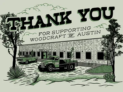 Woodcraft of Austin - Thank You Card austin building cacti cactus clouds cowboy desert landscape succulent texas thank tree trees truck trucks urban wood woodcraft woodworking you