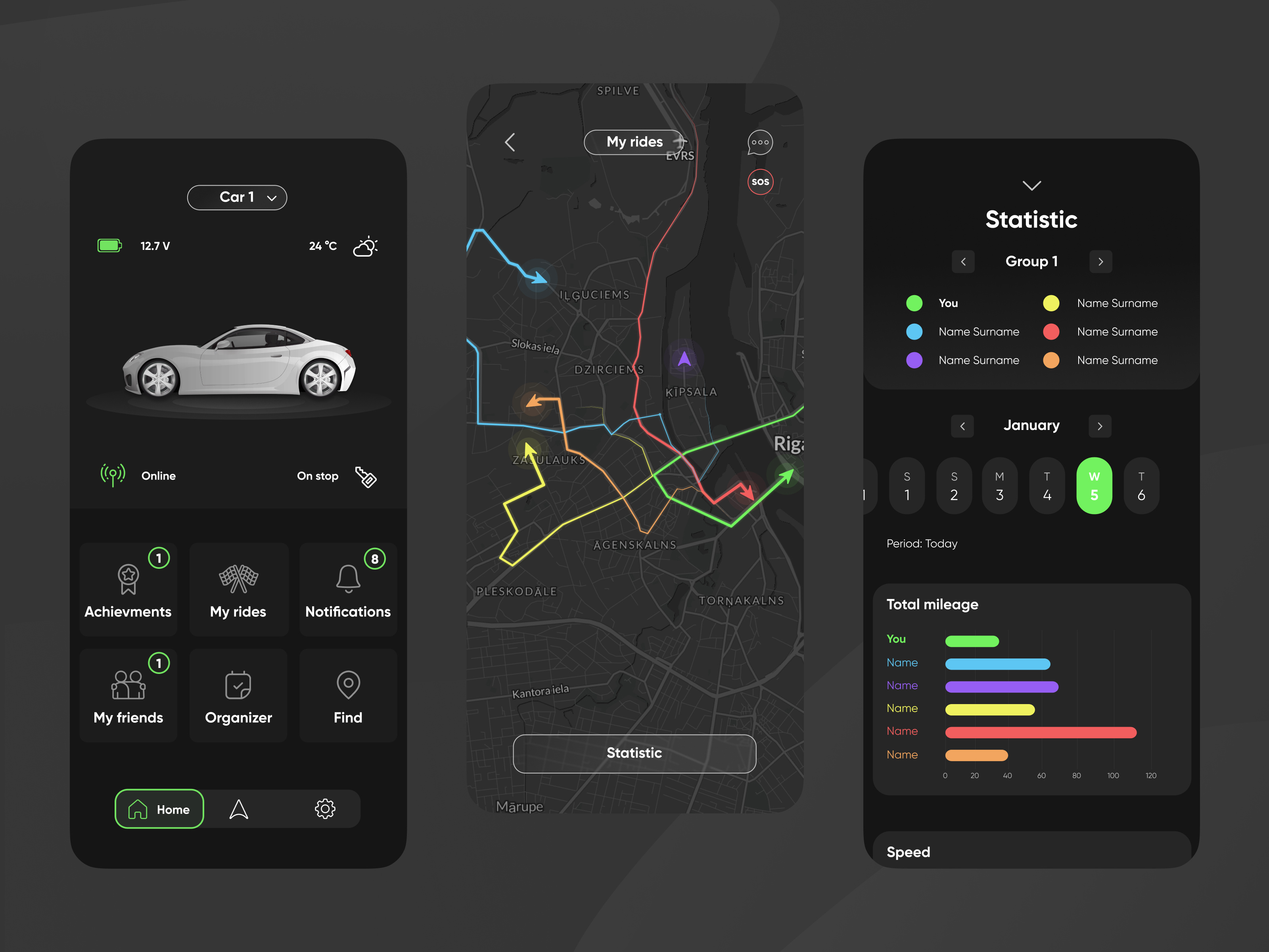Gps system tracker mobile app design adaptive app black branding car dark design figma green location map modern phone settings statistic ui ux