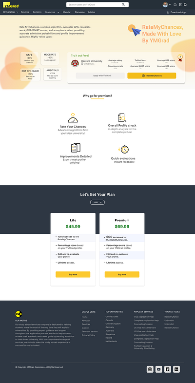 RateMyChances plan premium ui web page website design