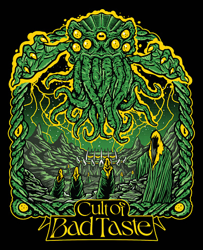 Cult of Bad Taste album character design cthulhu design green heavy metal horror illustration metal scary t shirt t shirt design yellow