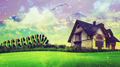 Mystical Encounter: Giant Caterpillar and the Tiny House 3d animation graphic design