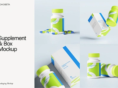 Supplement & Box Mockup blank bottle container design illustration label medical packaging pharmaceutical pharmacy pill supplement supplement box mockup vitamin white