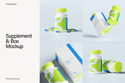 Supplement & Box Mockup blank bottle container design illustration label medical packaging pharmaceutical pharmacy pill supplement supplement box mockup vitamin white