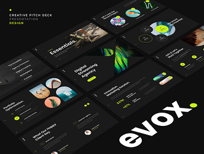 Evox Presentation Template Design agency branding canva creative graphic design keynote layout metavers minimalist modern pitch deck powerpoint ppt presentation simple slides stratup template ui ux