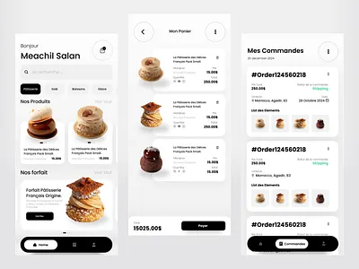 French events' food selling mobile application UI/UX app design inspiration black branding design e commerce app glassmorphism grey home screen light mode minim minimalist mobile app poppins product design ui ui ux ui ux design user experience ux white
