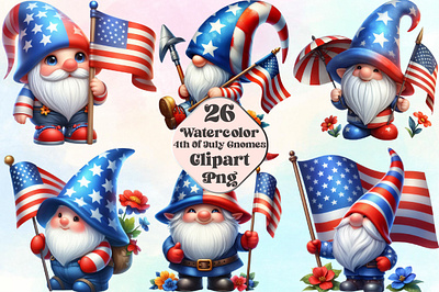 Watercolor 4th Of July Gnomes Clipart soldier