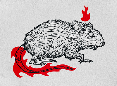 Rat art draw fire flame illustration mouse print rat tattoo vintage