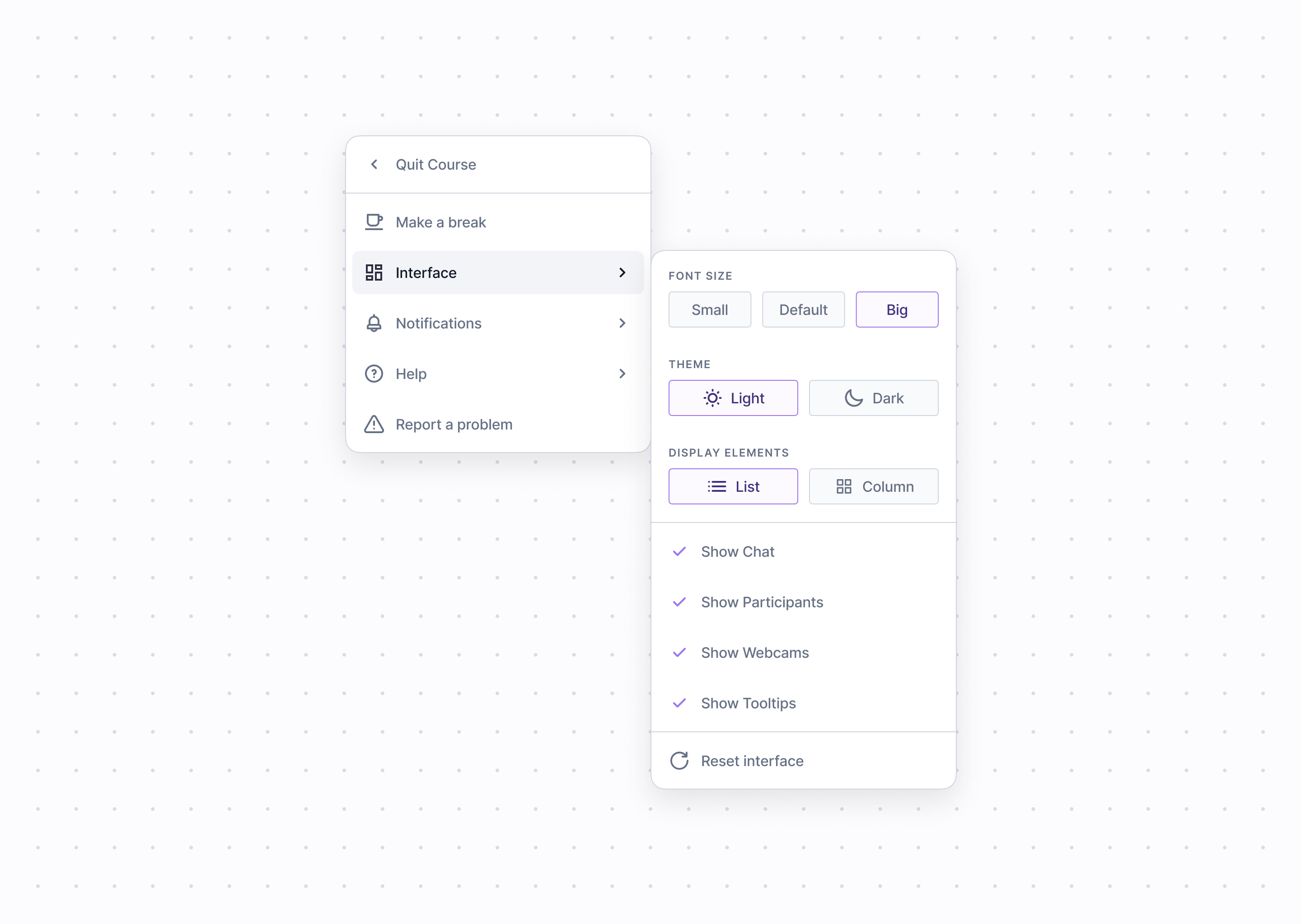 Expandable settings menu bordeaux clean conference dark design system dropdown education figma interface design menu mode notifications preferences saas school settings ui video web zoom