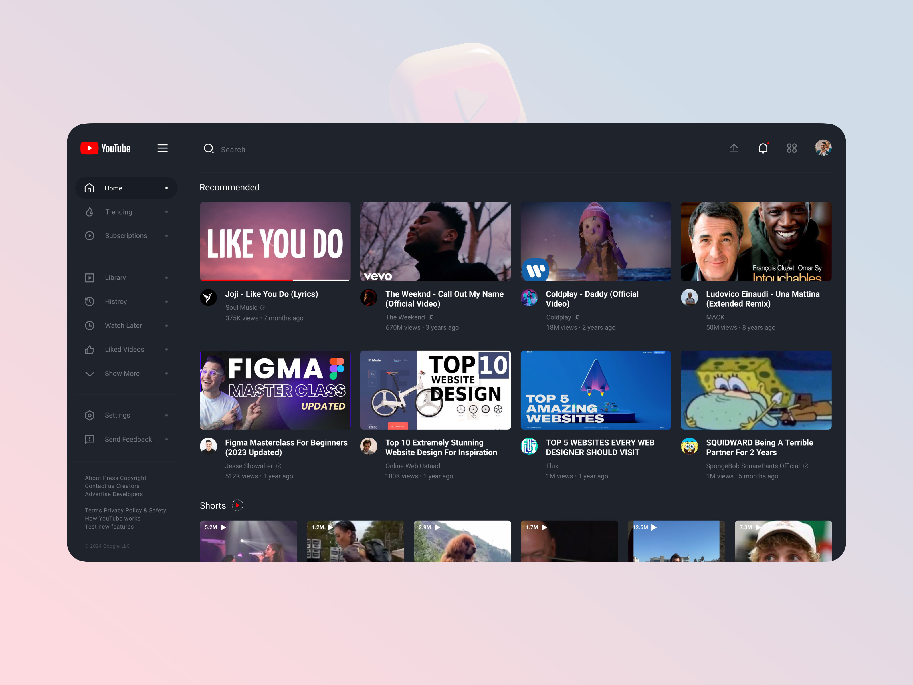Youtube - Like I do 3d animation branding coldplay dark mode figma graphic design mobile design online video streaming product design sponge bob the weekend ui user experience user interface ux web design youtube