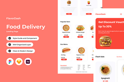 FlavorDash - Food Delivery Landing Page V2 delivery direction drive efficient fast landing location map menu page responsive screen site user website