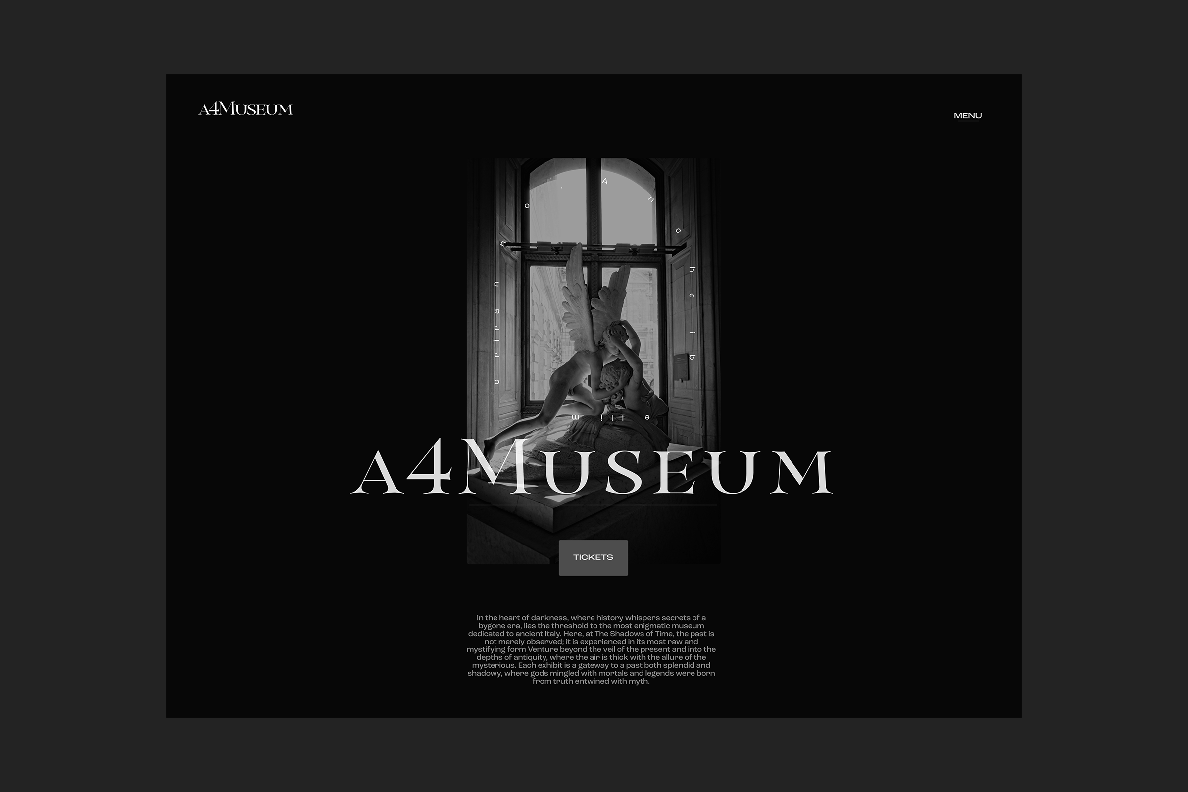 A4Museum Website Design art gallery black and white branding dark mode dark website dramatic figma interface logo design minimal serif typography ui ux web design webflow website
