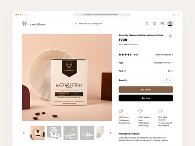 Product Page for IncredaBrew Coffee add to cart clean coffee creative dailyui dvinu ecommerce interface minimal payment product design product page redesign shopping ui ui design uiux web design