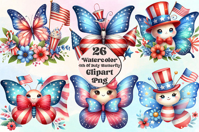 Watercolor 4th Of July Butterfly Clipart flowers png