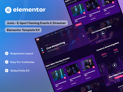 E Sport Gaming Events & Streamer Elementor Template Kit elementor template kit esport events gaming gaming events streamer uidesign uikits uiux webdesign website design