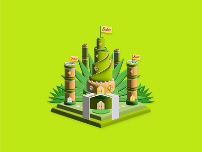 Sweet Castle / Pandan flavor building cake castle design flat design game concept isometric pandan vector