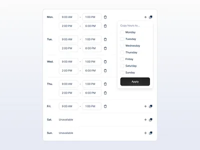 Availabilities picker in lemcal availabilities bookings cal.com calendar calendly duplicate duplicate schedule lemcal lempire meetings product design saas sales schedule software time slots ui ux