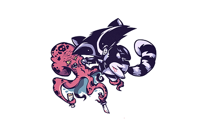 Fight battle cartoon character design characters octopus raccoon versus