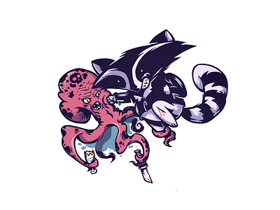 Fight battle cartoon character design characters octopus raccoon versus