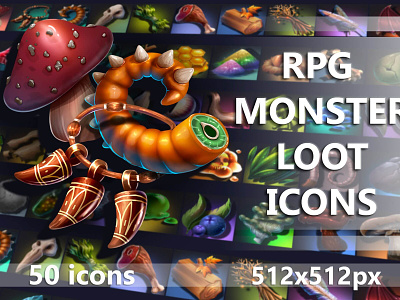 RPG Monster loot Icons 2d art asset assets fantasy game game assets gamedev icon icons illustration indie indie game loot mmorpg monster object pack psd rpg