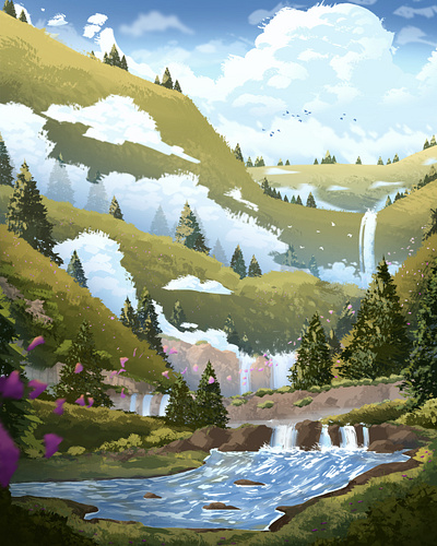 Waterfall Hills Environment Concept clouds concept art creek digital environment design digital painting illustration landscape old art practice remake river waterfalls