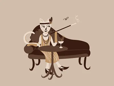 Retro cat on chaise longue cat chaise longue ill illustration interwar period lady oldschool retro smoking vector illustration vintage