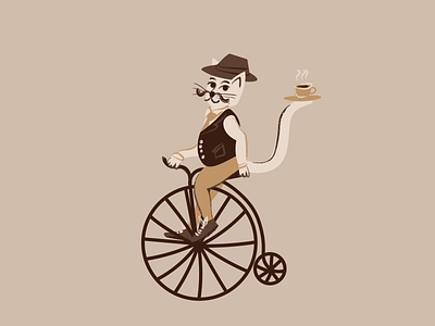 Retro cat on high wheel bicycle cat coffee cup cycling high wheel illustration oldschool penny farthing retro vector illustration vintage