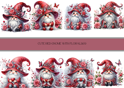 Cute red color gnome cute cute gnome cute red gnome design florals graphic illustration red gnome rose watercolor