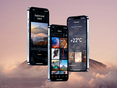 Volcano explorer mobile app application dark theme design diary explorer graphic design grid mobile mobile app mockup nature suggestions ui ux volcano weather