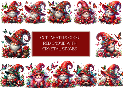 Cute red color gnome cute cute gnome design graphic design red gnome red watercolor gnome stones and crystal watercolor gnome