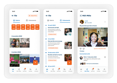 👨‍👩‍👧‍👦 MemoFamille - Mobile app app blue design family memories mobile app orange ui ux visual identity white