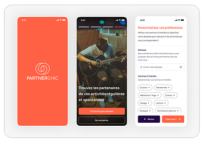 🎭 Partnerchic - Mobile app activities app blue branding dating app design interests match mobile mobile app orange ui ux visual identity white